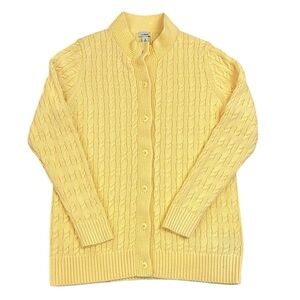 New L.L. Bean Double L Cardigan Butter Yellow Cotton Cable Knit Mock Neck Medium